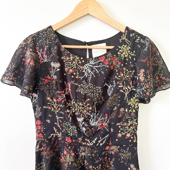 Modcloth Beaded Embellished Sequin Black Floral Midi Dress Size Medium A Line - Picture 6 of 10